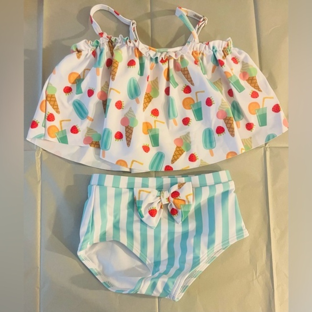 NEW…Toddler/Baby Girls Two-Piece Ice Cream & Stripe Swim Set